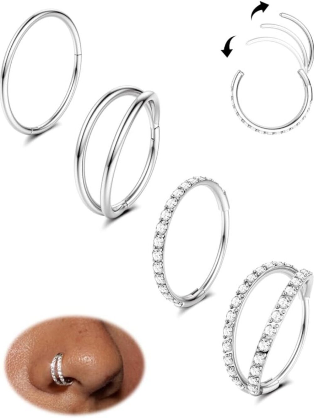 4PCS Surgical Steel Nose Rings & Hoops | Dainty CZ Clicker Earrings for